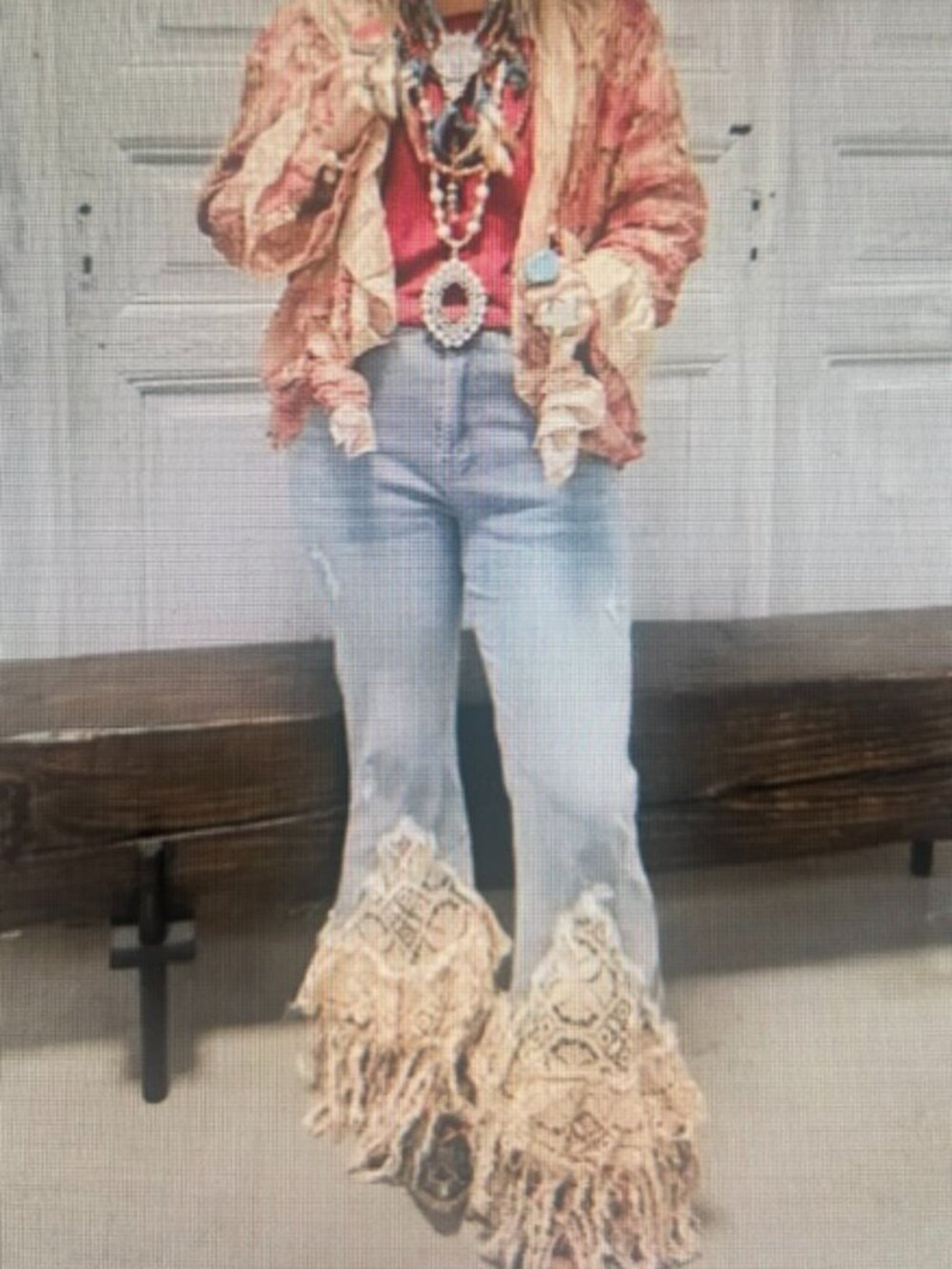 A Rare Bird BoHo Hand Made Rag Fringe Lace Stretch Elastic Waist Jeans NEW